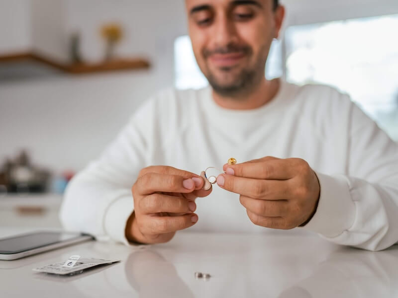 Adult man using hearing aids to help with his tinnitus symptoms