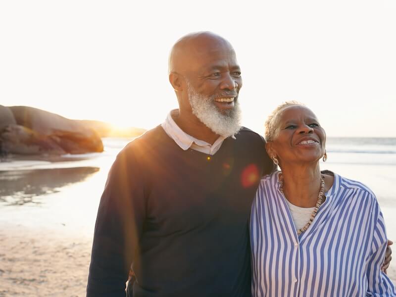 Happy black people, embrace and support or trust, commitment and connection in marriage or retirement